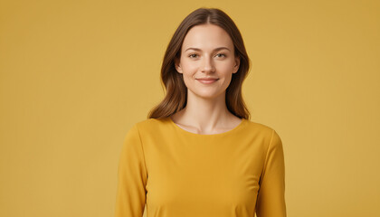 Portrait adulte femme employée souriante fond jaune entretien embauche.