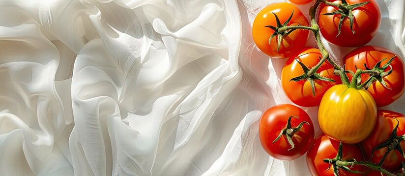 Fresh organic tomatoes in various colors on a white textile background Harvest theme Framed arrangement for central text placement Top view natural light copyspace