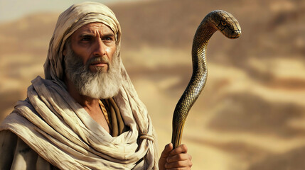 A man resembling Moses holding a staff that transforms into a snake. The savior of the Jewish people, chosen by God to lead them out of Egypt.