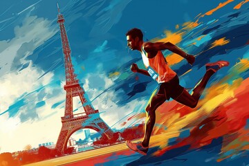 Runner in motion amidst Parisian backdrop of Eiffel Tower. Dynamic colors convey energy and determination. Sporty athlete in vibrant outfit, speed, strength, endurance.