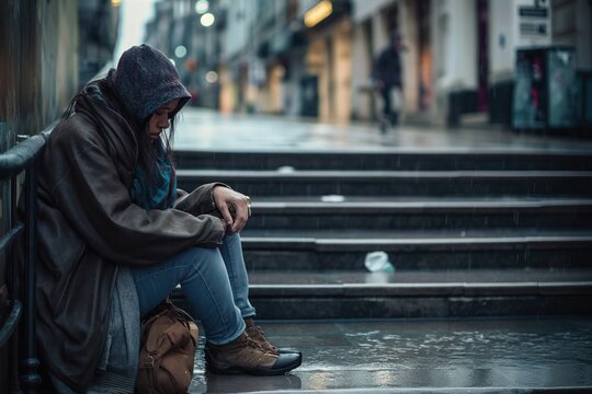 Homeless woman sits alone on a city stairway in rain. Lonely figure stands out amidst urban backdrop. Cold and wet environment reflects her emotional state.
