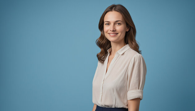 Portrait adulte femme employ&eacute;e souriante fond bleu entretien embauche.