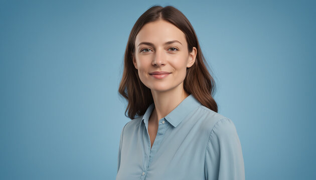 Portrait adulte femme employ&eacute;e souriante fond bleu entretien embauche.