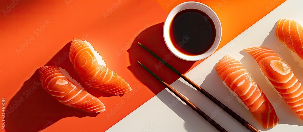 Poster fresh salmon nigiri alongside soy sauce and chopsticks on a red orange and white surface captured in
