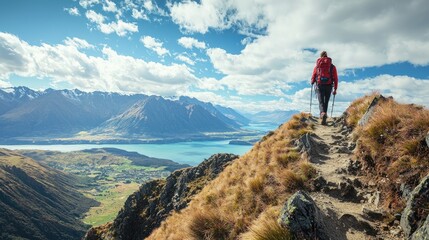 Fototapeta premium A hiker climbing a steep mountain trail, with a breathtaking view of the landscape below.