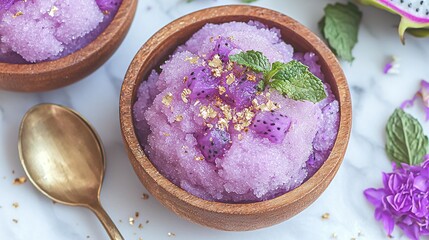   A close-up shot of two bowls of food resting on a table alongside a flower and a spoon