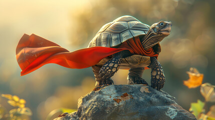 Superhero turtle ready to fight for justice in a red cape.