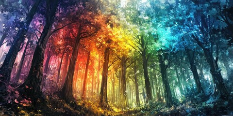 Rainbow forest with tall trees.