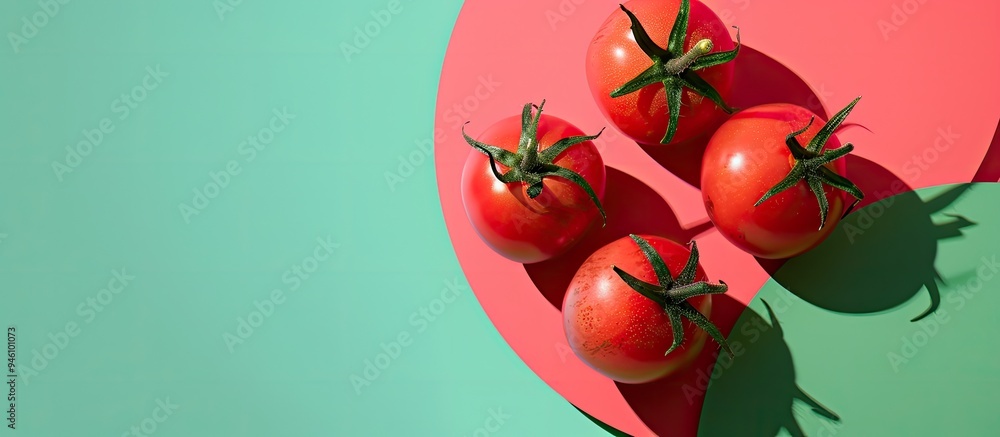 Poster tomatoes emerge from a hole surrounded by a pink ring on a green and red backdrop minimal abstract d