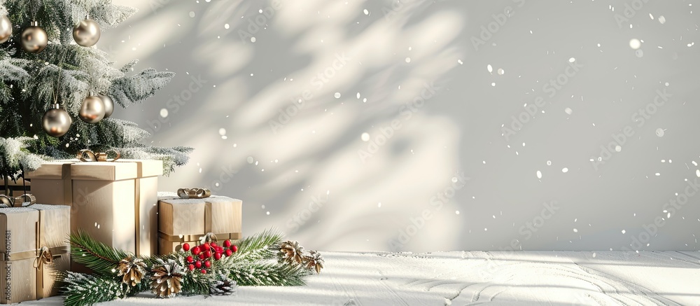 Poster christmas backdrop featuring decorations and gift boxes. copy space image. place for adding text and