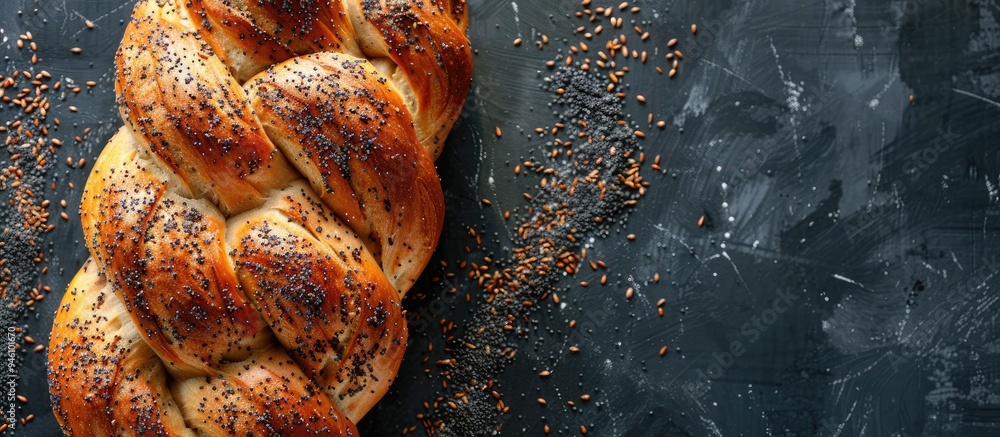 Poster homemade bread top view of braided bread topped with poppy seeds. copy space image. place for adding