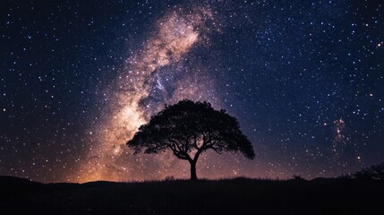 A lone tree silhouetted against the Milky Way, with stars stretching across the night sky in a breathtaking cosmic display.
