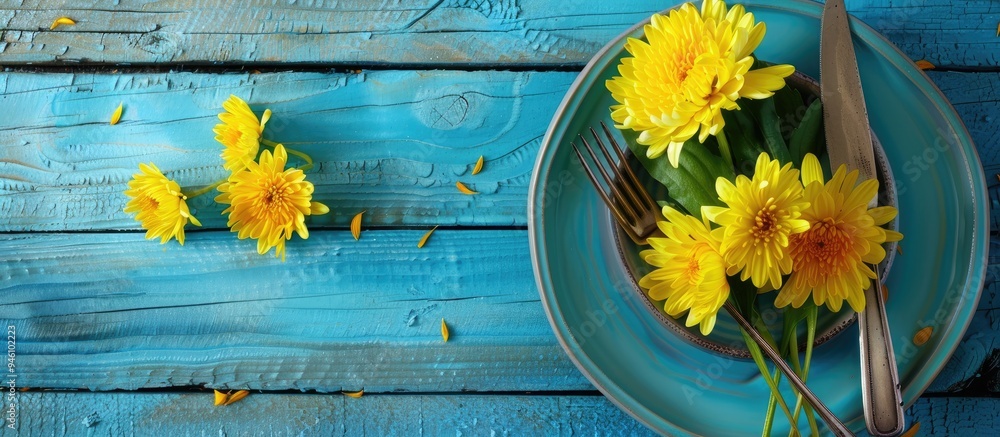 Poster fork plate knife with yellow chrysanthemums on a blue wooden surface. copy space image. place for ad