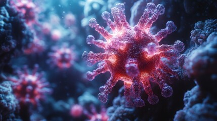 Fototapeta premium A realistic holographic display illustrates a patient's immune system, highlighting interactions with pathogens and immune cells in a lab environment.