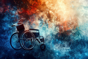 Obraz premium International Day of Persons with Disabilities. Empty wheelchair on colorful background. Horizontal banner. Copy space. World Disability day. Problem of accessibility and inclusion of disabled people