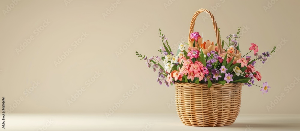 Poster wicker basket adorned with lovely flowers on a light background with space for text easter decoratio