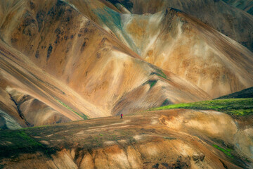 Lone hiker in the vast Landmannalaugar area in Icelandic Highlands