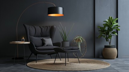 In the living room, gray wall background, round carpet, potted plants and armchairs with pillows.
