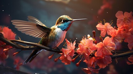 Fototapeta premium A vibrant hummingbird hovers near beautiful pink flowers, savoring nectar in a tranquil garden