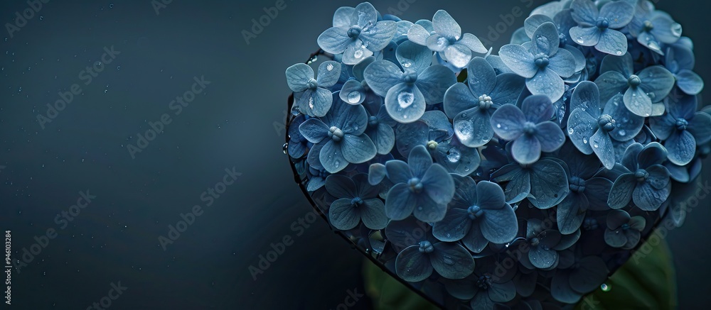 Poster heart shaped blue blossoms. copy space image. place for adding text and design