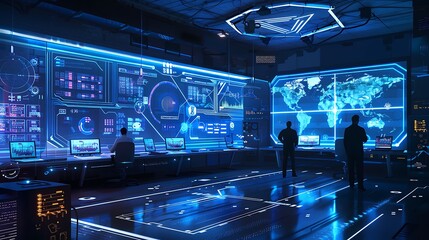 IT teams collaborate in a modern tech room with digital screens displaying network data and security systems bathed in blue light with numerous servers and high tech equipment in the background