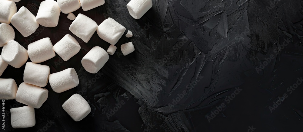 Poster top view of sweet classic marshmallows set against a black background. copy space image. place for a