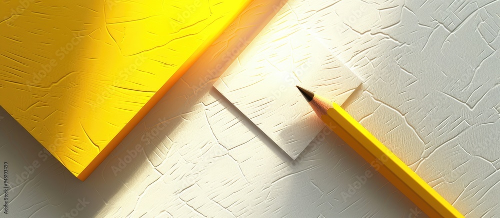 Poster minimalist template featuring copy space with a top view close up macro photo of a wooden yellow pen
