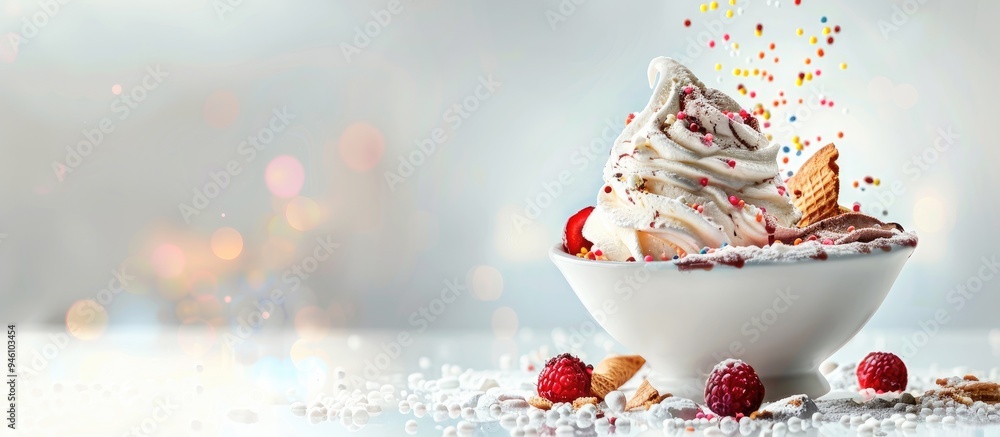 Poster delicious ice cream treats with a variety of toppings. copy space image. place for adding text and d