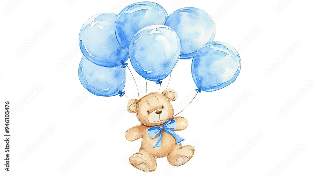 Poster a teddy bear holding blue balloons