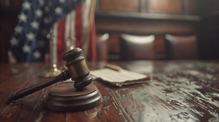 A wooden gavel rests on a table in a courtroom, symbolizing justice and law