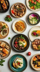 Various traditional Arabic dishes are beautifully arranged on plates for a festive meal, showcasing rich flavors and vibrant colors