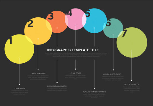 Seven steps in rainbow circles infographic template for process description on black background