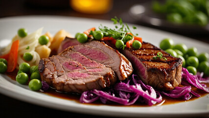 Succulent grilled meat with peas and red cabbage salad on a white plate with dark background, dinner.