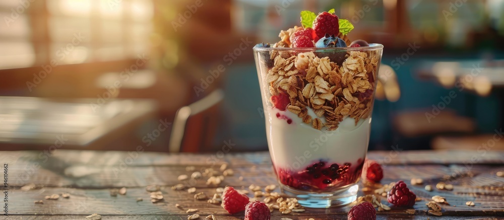 Aufkleber delicious granola with berries nuts and yogurt in a glass on a wooden table with room for text. copy