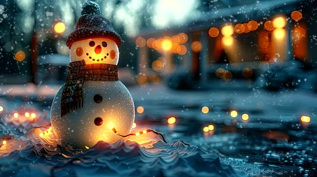 a mini Snowman in the window on a winter night. seamless looping time-lapse virtual 4k video animation background