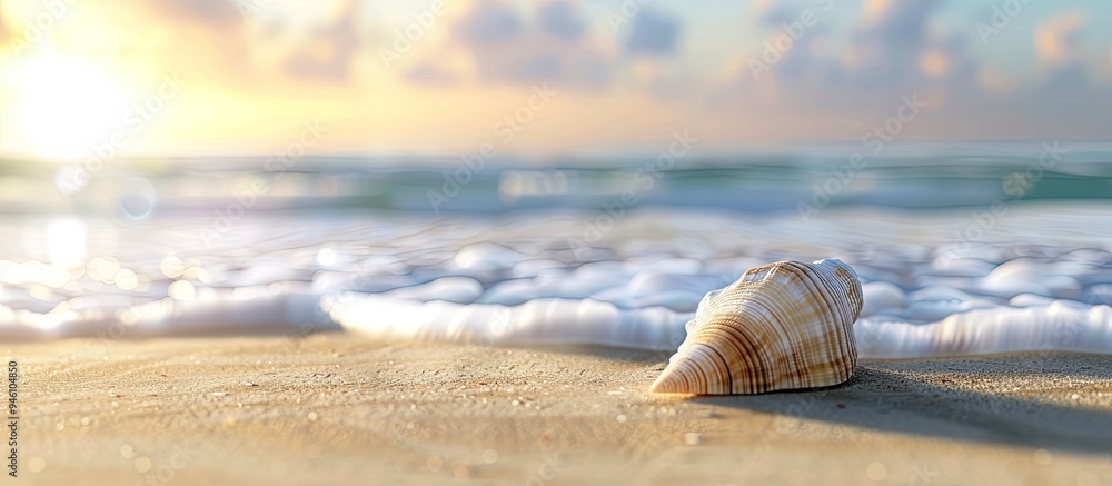 Poster single shell on the shore shell on the sand summer beach close up. copy space image. place for addin