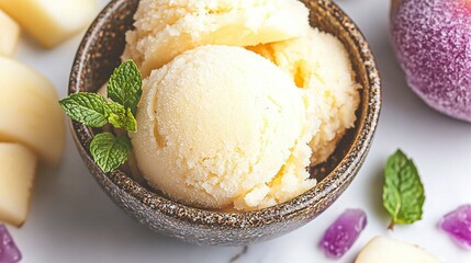   Two scoops of ice cream rest in a bowl alongside mango slices and fresh mint leaves