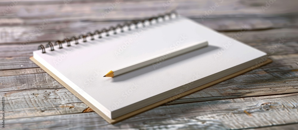 Poster blank notepad and pencil on a wooden surface open notebook with spirals page of a notebook in a hold