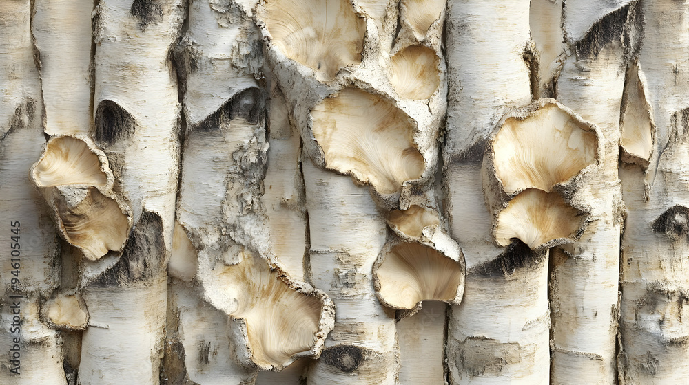 Poster a close-up of birch bark with a unique pattern and texture.