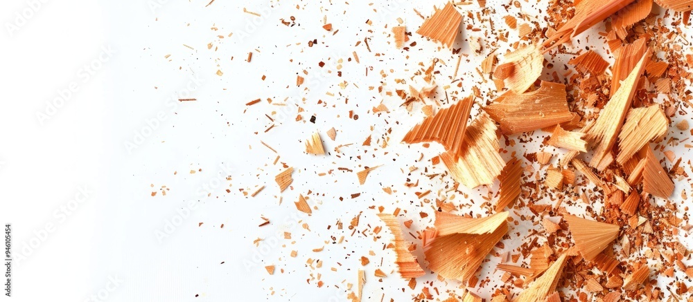 Aufkleber pencils and shavings in close up on a white background from a top view copy space