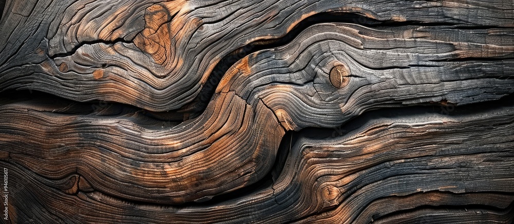 Poster close up photograph of the grain patterns in a weathered maple log. copy space image. place for addi