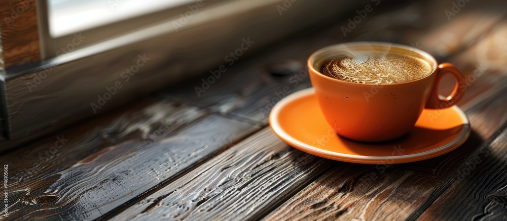 Poster a cup of coffee with selective focus. copy space image. place for adding text and design