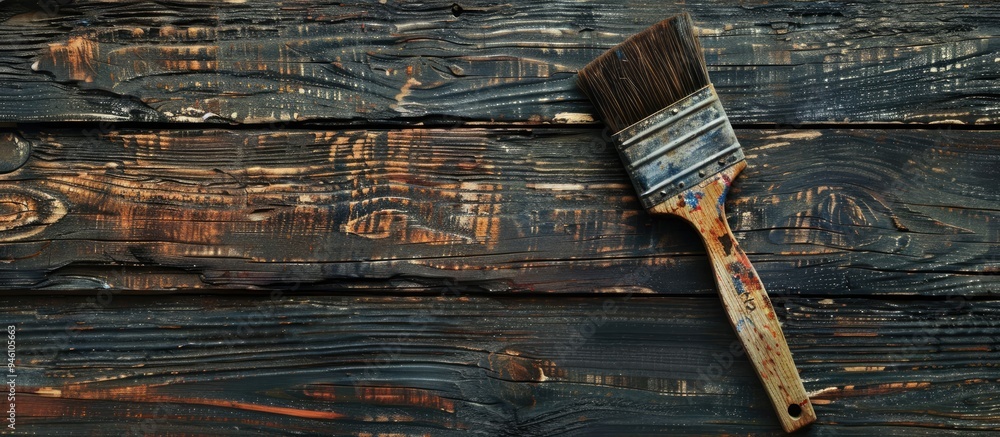 Poster worn paint brush on a wooden surface. copy space image. place for adding text and design