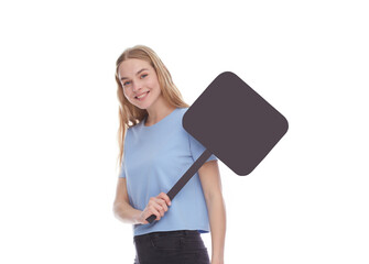 Woman holding a blank billboard isolated on white background