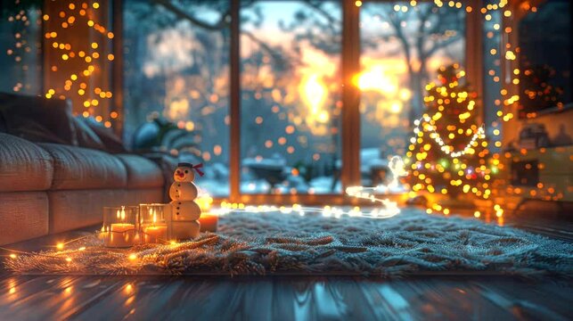 a mini Snowman in the window on a winter night. seamless looping time-lapse virtual 4k video animation background