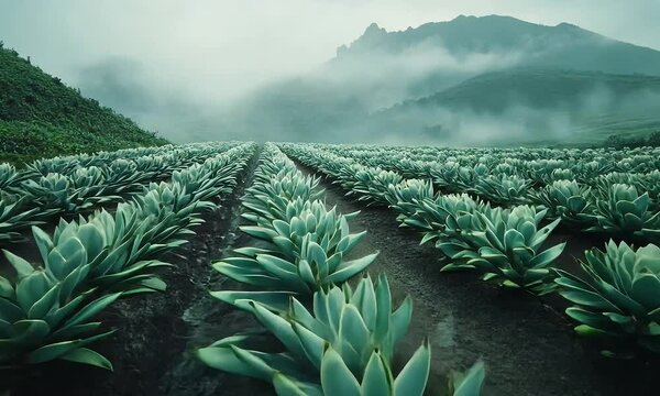 Agave Plantation on Misty Morning