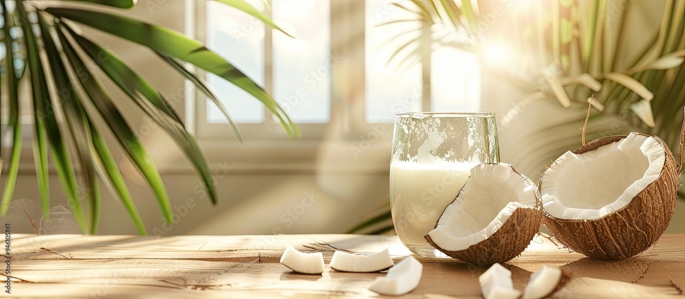 Poster coconut milk in a glass container pure coconut. copy space image. place for adding text and design