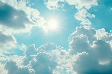 Sun shining through the puffy clouds. Sky view. Beautiful sunny sky. Background with clouds on blue sky. Clouds on blue sky , ai