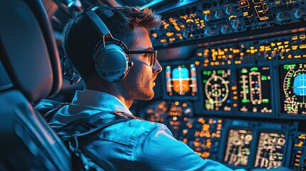 Fototapeta premium A pilot in the cockpit, focused on the flight instruments and controls.