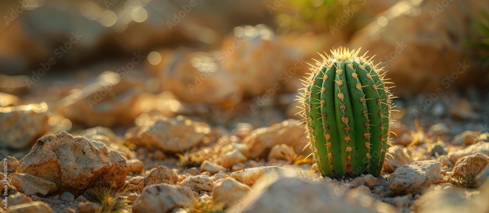 Poster small green cactus in a desert garden. copy space image. place for adding text and design